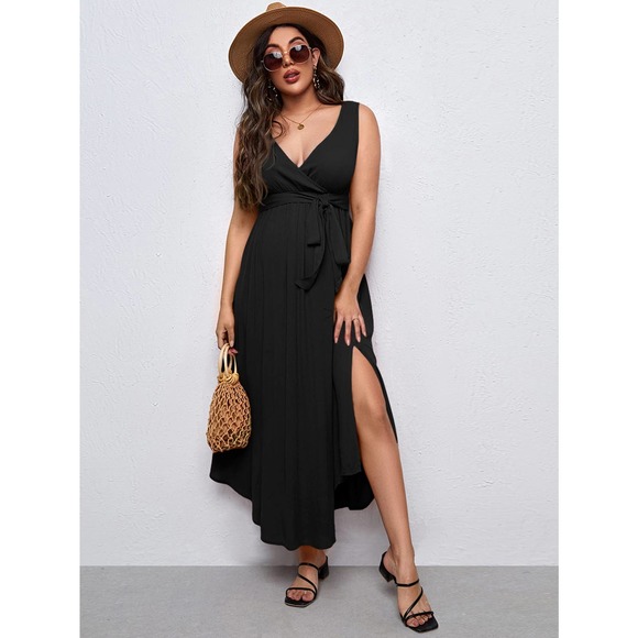 Maternity Solid Split Thigh Belted Dress - Picture 1 of 11